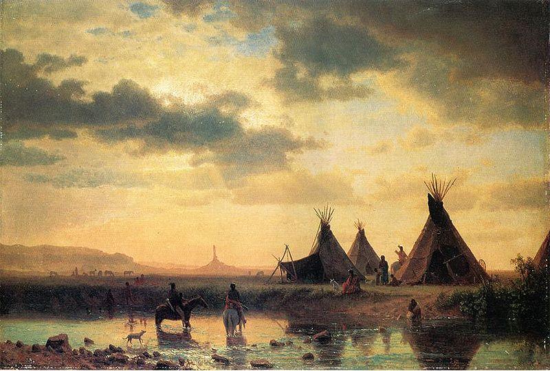 Albert Bierstadt View of Chimney Rock, Ogalillalh Sioux Village in Foreground oil painting picture